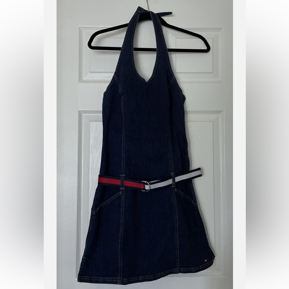 Tommy Hilfiger Halter  Denim Dress with Tricolor Belt! Stretchy material! 🌻🌻Sz M